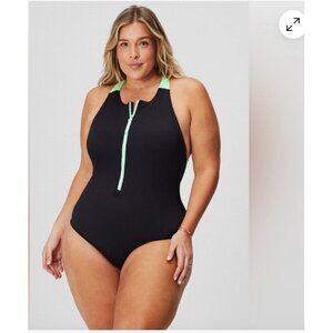 Fabletics Zip Front Racerback One Piece Swimsuit Womens Size 2XL Black Green